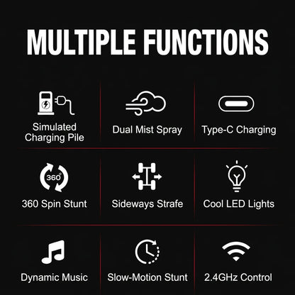 Multiple functions overview: spray, spin, lights, music, Type-C
