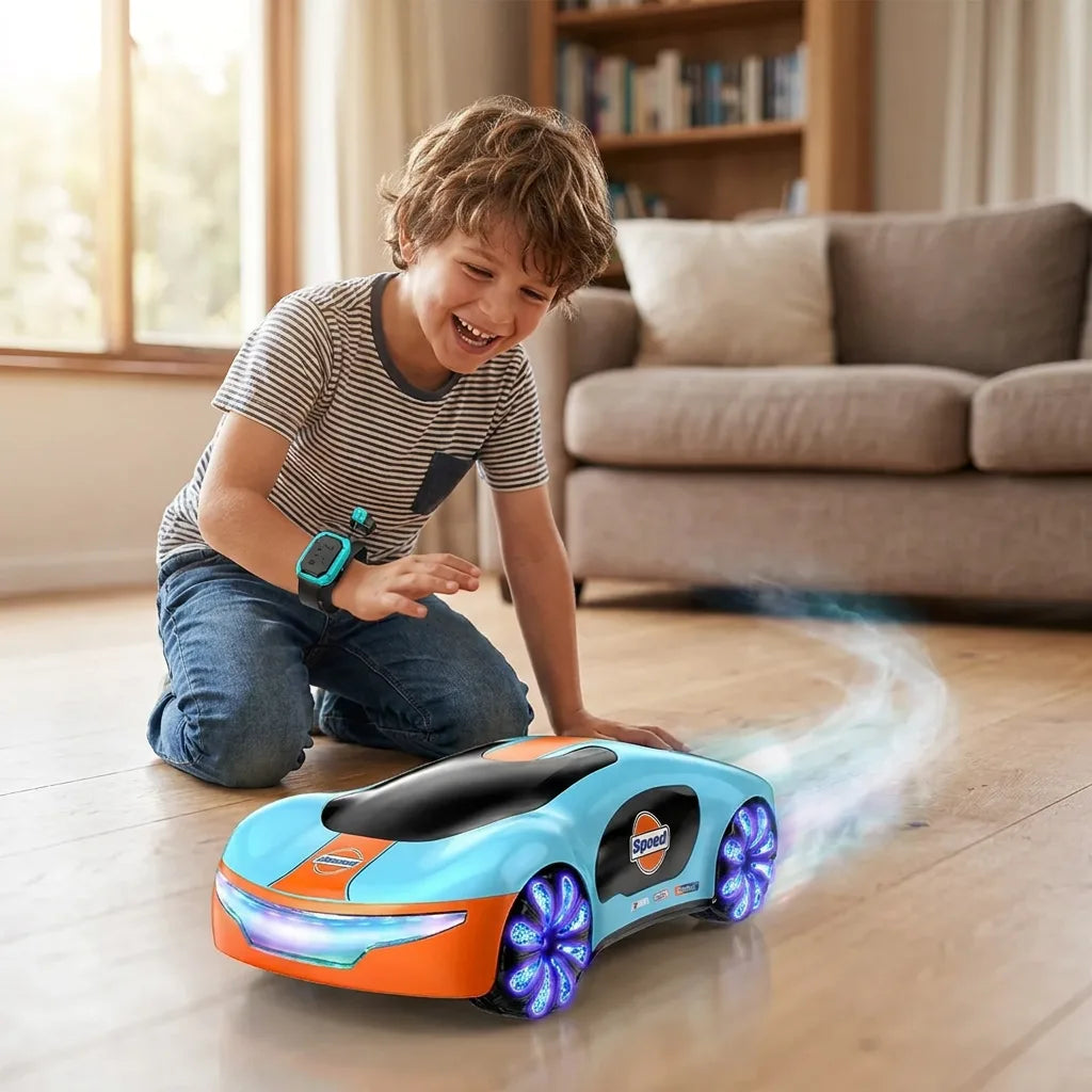 Boy steering the concept drift car with the gesture watch