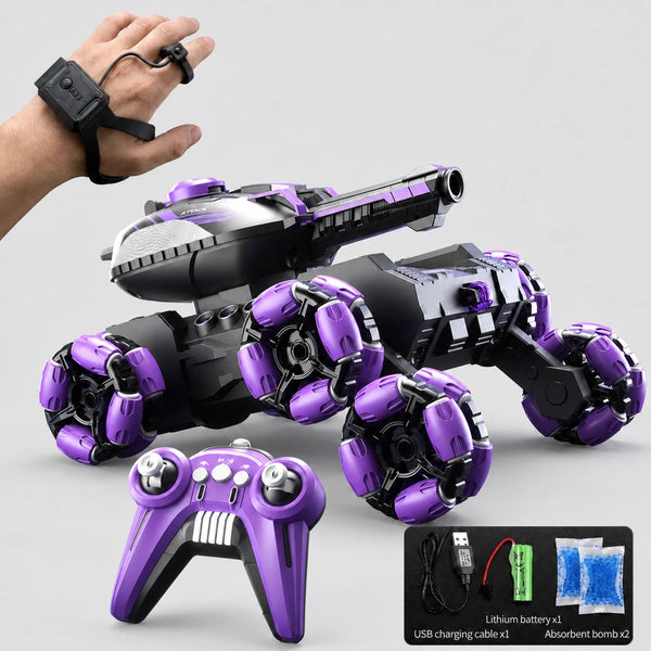 Purple RC gesture control stunt tank with handle remote, wrist controller and included accessories