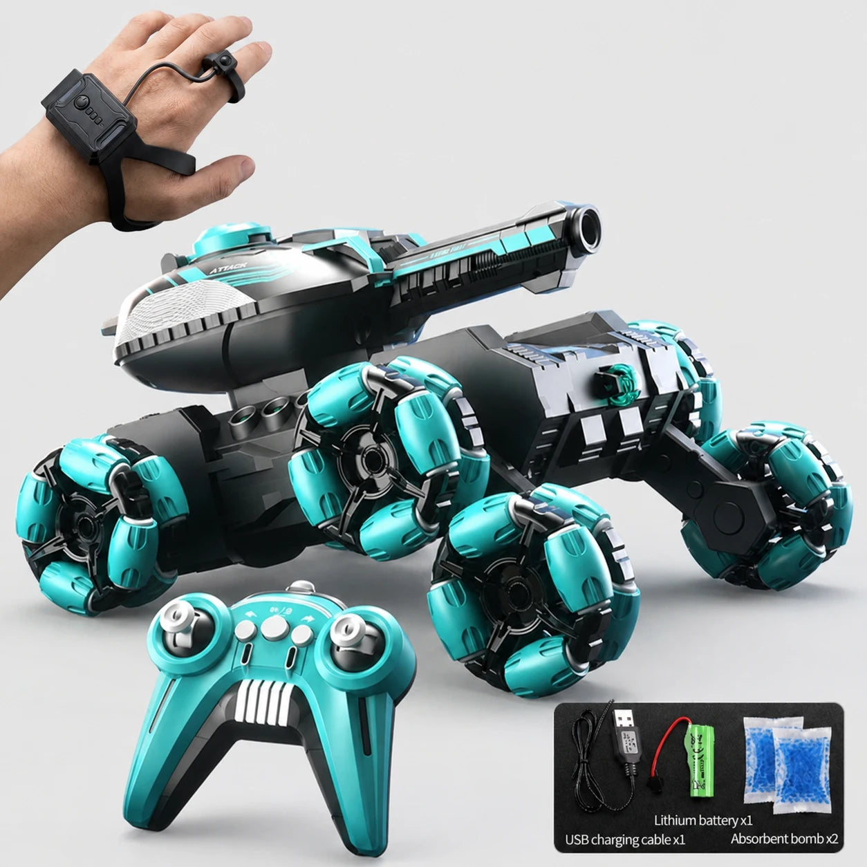 Blue RC gesture control stunt tank with handle remote, wrist controller and included accessories