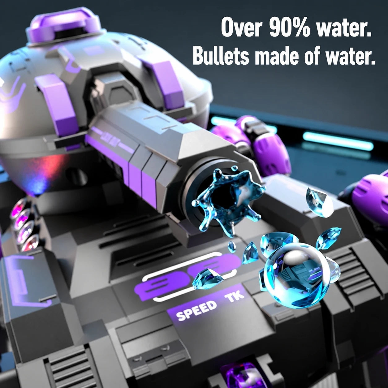 Front blaster firing water beads, over 90 percent water bullets
