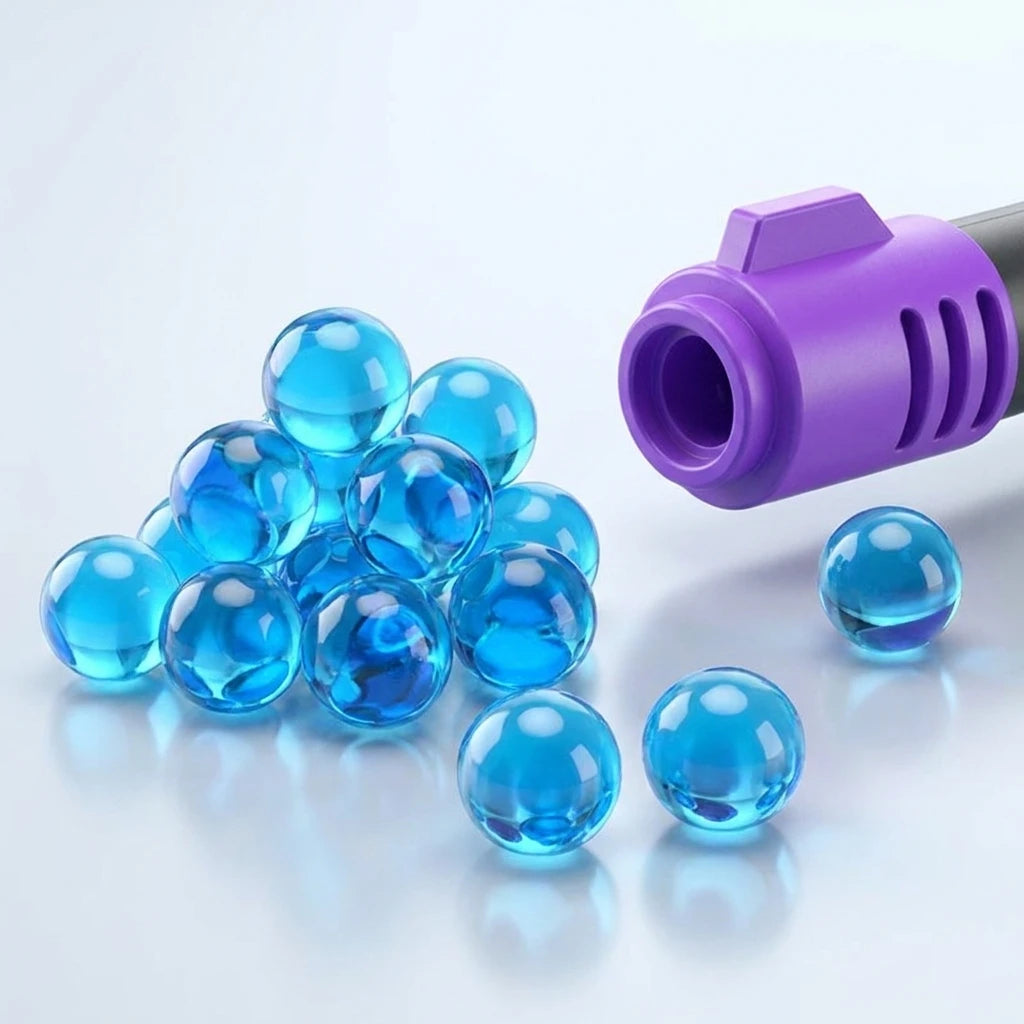 Blue water beads ammo and blaster barrel close-up