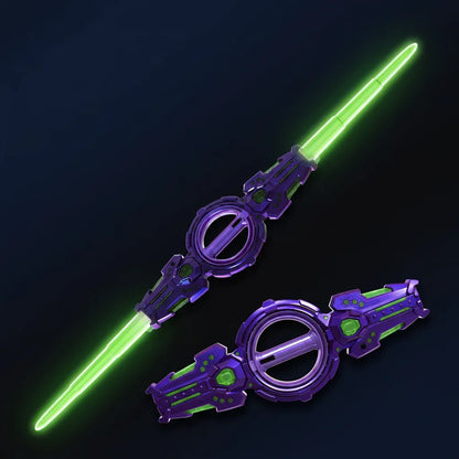 Green glowing double-edged spinning LED sword with metallic green hilt