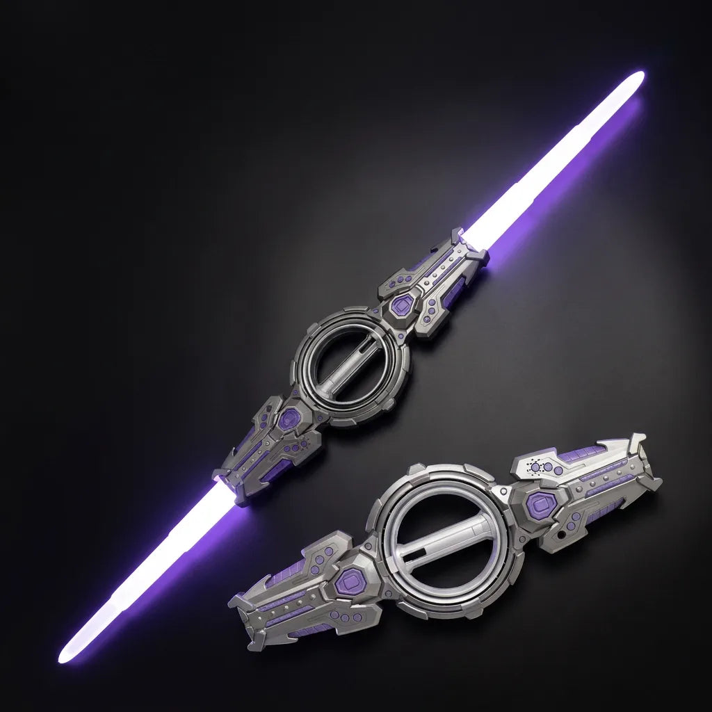 Violet-white glowing double-edged spinning LED sword with brushed metallic grey hilt