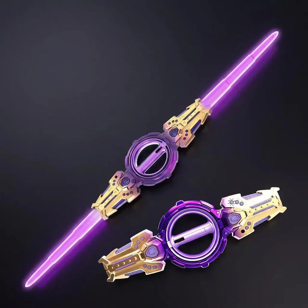 Purple glowing double-edged spinning LED sword with purple-and-gold hilt