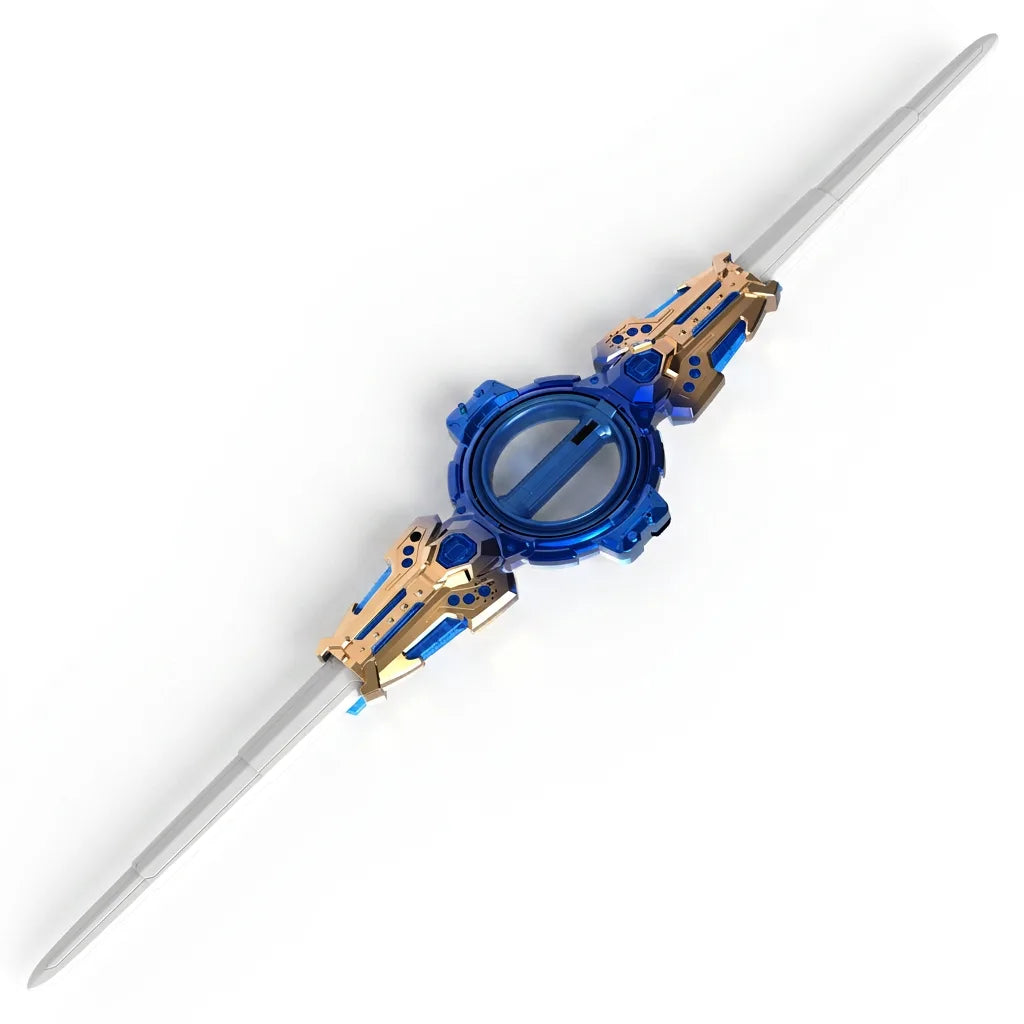 Clean white-background product shot of the blue-and-gold spinning dual-blade sword with USB cable