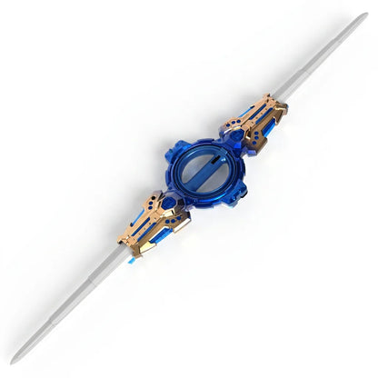Clean white-background product shot of the blue-and-gold spinning dual-blade sword with USB cable