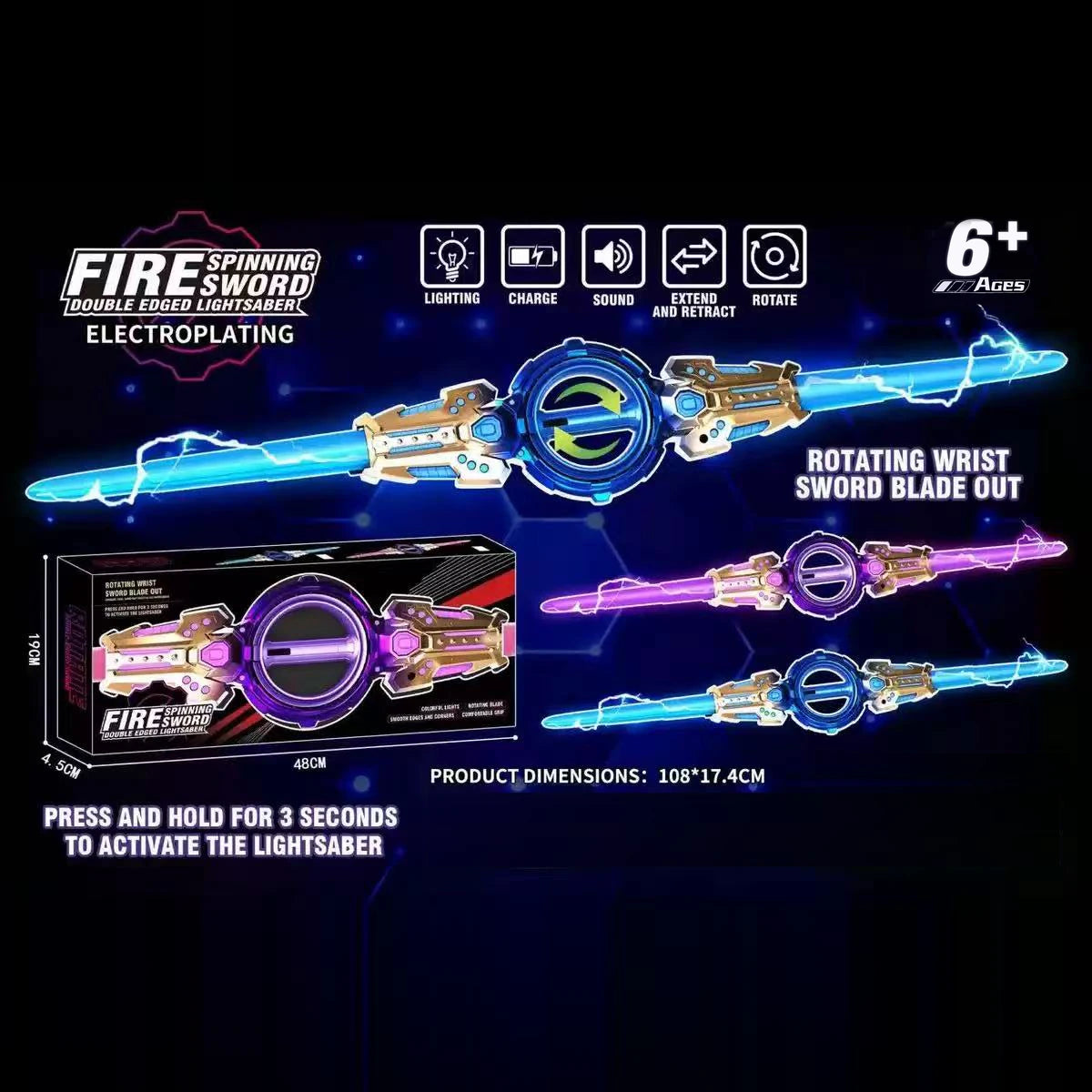 Spinning dual-blade LED light sword feature overview with retail packaging, blue and purple blades, ages 6+