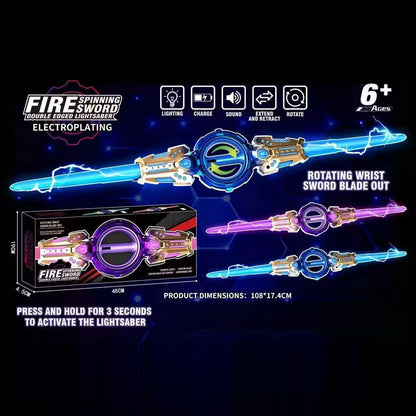 Spinning dual-blade LED light sword feature overview with retail packaging, blue and purple blades, ages 6+