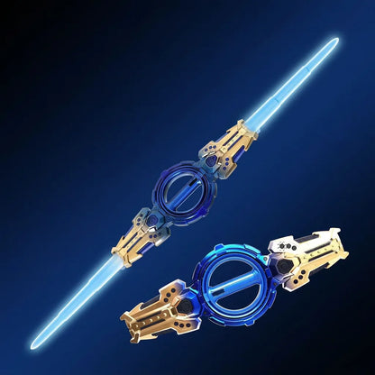 Blue glowing double-edged spinning LED sword with blue-and-gold hilt, extended and collapsed forms