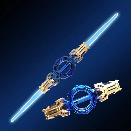 Blue glowing double-edged spinning LED sword with blue-and-gold hilt, extended and collapsed forms