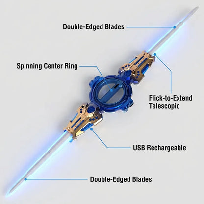 Feature infographic: double-edged blades, spinning center ring, flick-to-extend telescopic, USB rechargeable
