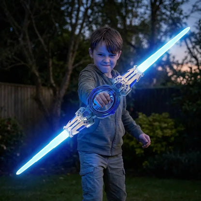 Child swinging the glowing blue double-edged spinning sword in a backyard at dusk