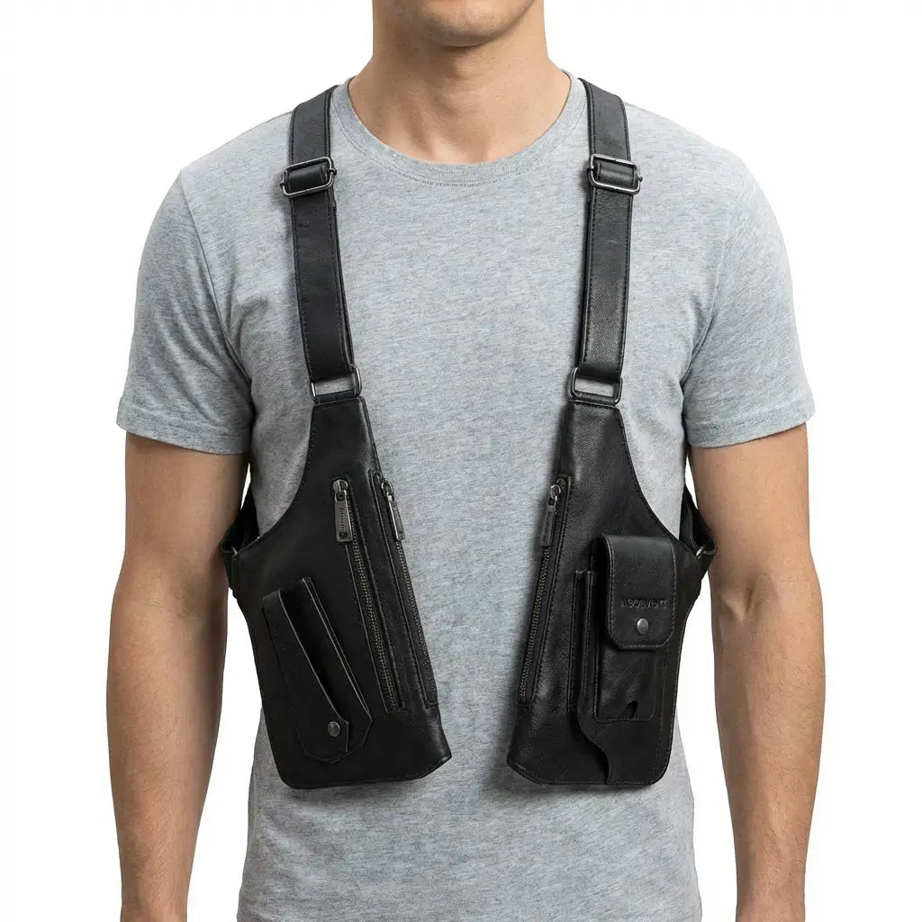 Neonvext Leather Anti-Theft Shoulder Holster Bag - leather-holster-bag-black-front-view