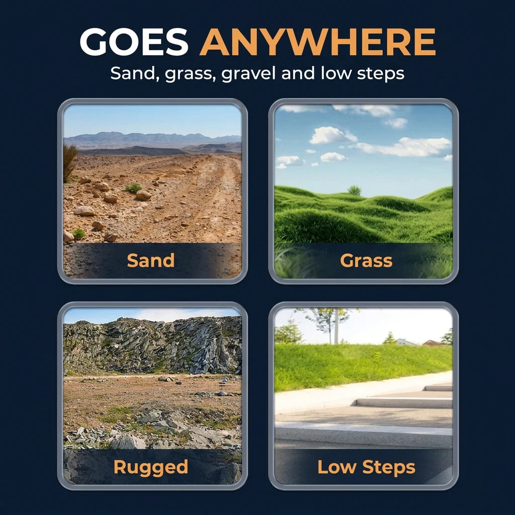 Robot dog goes anywhere - sand, grass, rugged ground and low steps