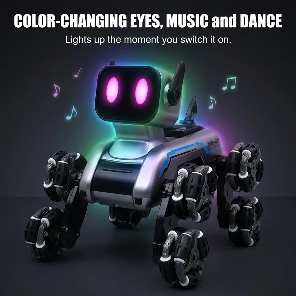 Robot dog with color-changing glowing eyes, music and dance in the dark