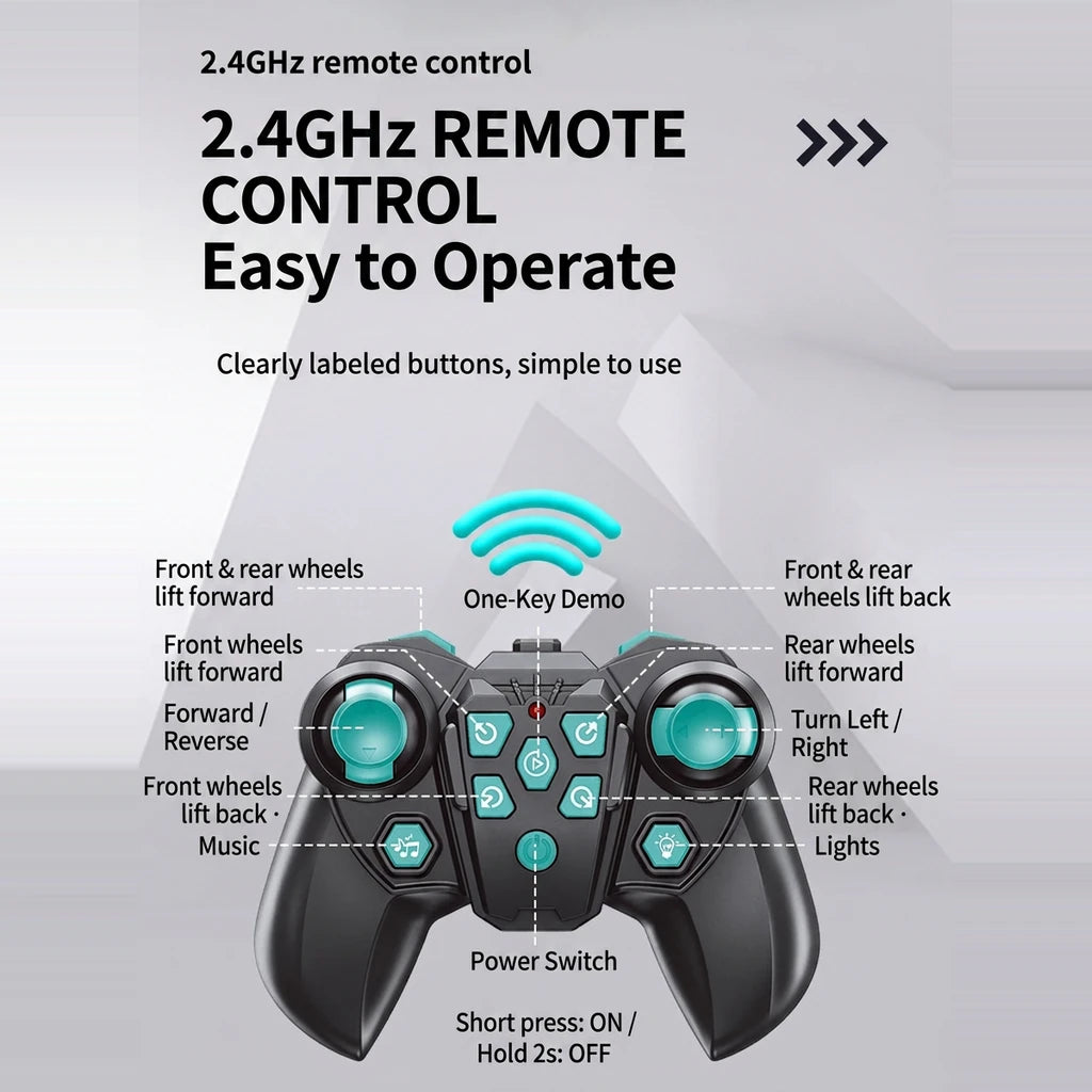 2.4GHz remote button map - drive, turn, wheel lifts, music, lights, one-key demo