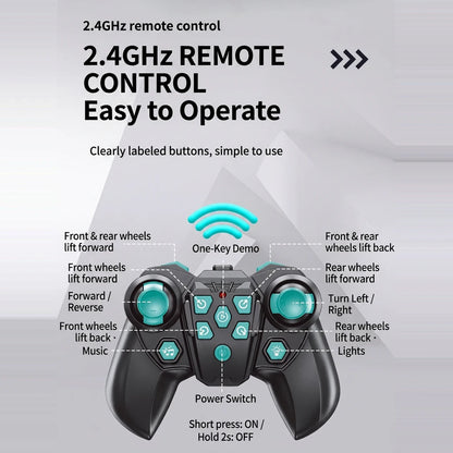 2.4GHz remote button map - drive, turn, wheel lifts, music, lights, one-key demo