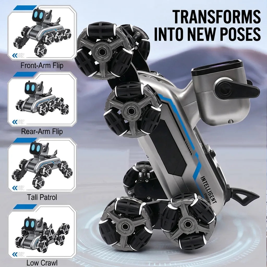 Robot dog transforms into poses - front-arm flip, rear-arm flip, tall patrol, low crawl