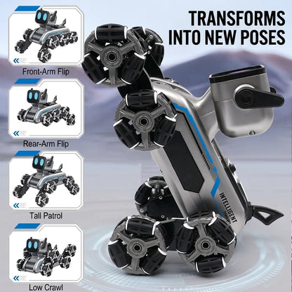 Robot dog transforms into poses - front-arm flip, rear-arm flip, tall patrol, low crawl