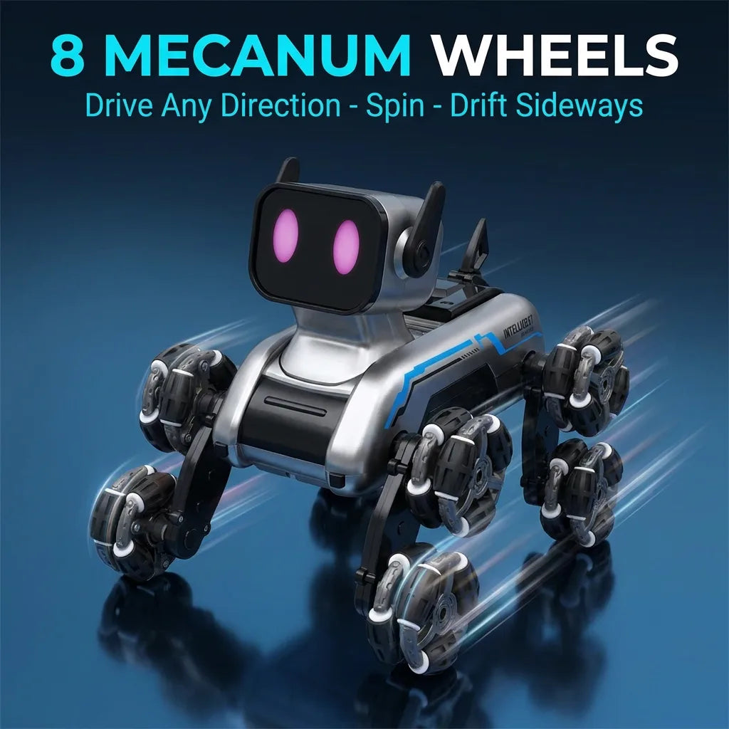 Robot dog drifting on 8 mecanum wheels - drive any direction, spin, drift sideways