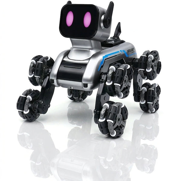 Silver-and-blue transforming stunt robot dog with 8 mecanum wheels and glowing eyes
