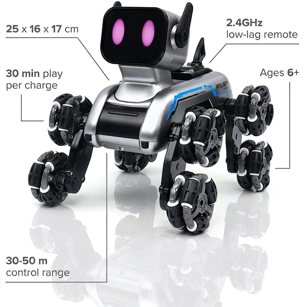 Robot dog specs - 25x16x17cm, 30 min play, 30-50m range, 2.4GHz, ages 6+