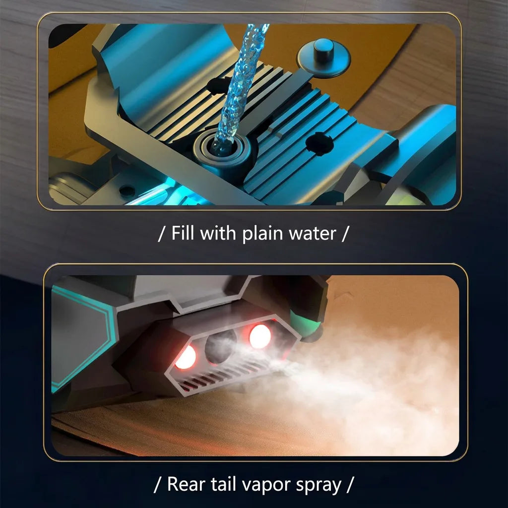 RC F1 car blowing real water-vapor exhaust from its tail
