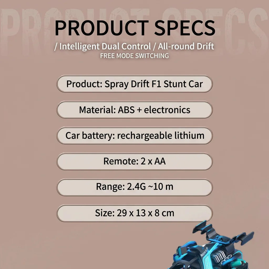 Spray Drift F1 RC car size and spec chart